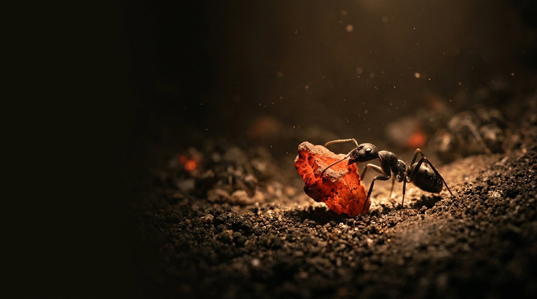A single worker ant hauling a glowing vermilion ember across dark soil at night, the colony faint behind it