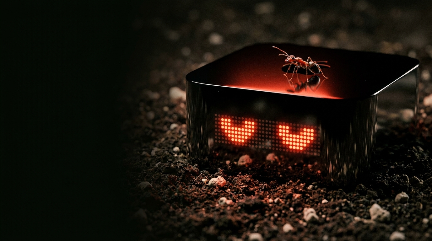 A piano-black device with a glowing dot-matrix face, an ant standing on top